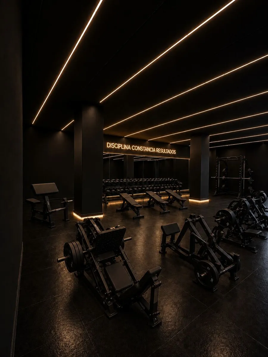 Zona de musculación con máquinas de carga y mancuernas en Elysium Fitness Club, Petrer